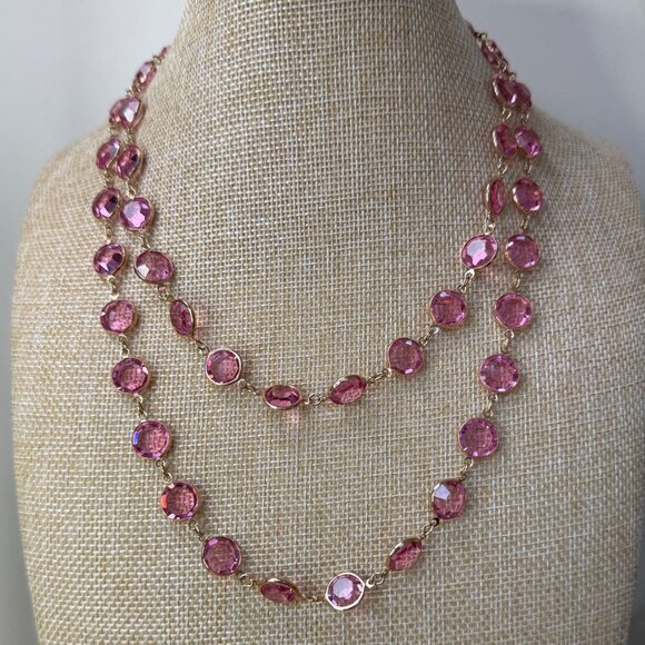 Pink Glass Crystal Gold Tone Long Necklace 36 Inch Length Elegant Jewelry - Picture 1 of 6